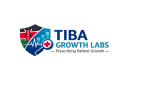 Tiba Growth Labs logo featuring a Kenyan-inspired shield, healthcare heartbeat line, growth chart, and magnifying glass symbol representing healthcare marketing and patient growth.
